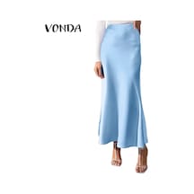 Vonda 2024 Yazlık Kadın Saten Pilili Yüksek Bel Parti Eteğigökyüzü Mavi Gökyüzü Mavi