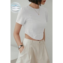 Kadın Crop Tişört Slim Fit Basic Kısa Kollu Yazlık Şık Üst Beyaz