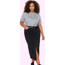 Frm Kadın Pamuklu Denim Midi Etek Yüksek Bel Ön Yırtmaçlı A Line Kesi Siyah