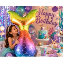 Folyo Balon Deniz Kızı Kuyruğu Rengarenk 36 İnç Mermaid Parti Süsü Dekor Balon Çok Renkli