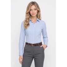 Tudors Kadın Slim Fit Dar Kesim Pamuklu Uzun Kollu Çizgili Mavi Kadın Gömlek-51528