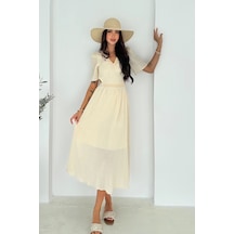 Asprin Fashion Beli Açık Garnili Krinkıl Keten Elbise Krem Krem