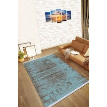 Mavi Modern Dokuma Pamuk Tabanlı Kaymaz Kilim Klm012n11