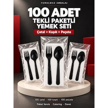 100 Adet Tekli Paketli Siyah Çatal Kaşık Peçete Yemek Seti Kullan At Paket Servis Ve Catering Seti