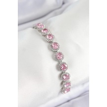 Pirinç Pembe Zirkon Taşlı Daire Baget Model Gümüş Renk Vıp Seri Kadın Bileklik Çok Renkli