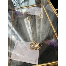 Gold Kadın İncili İstiridye Model Paslanmaz Çelik Kolye 55 Cm Zincir Çelik