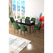 Canisa Zen Serisi 80x132 Mdf Açılabilir Siyah Mermer Desen Masa Takımı Ve 6 Haki Yeşil Sandalye Masa Siyah Mermer Desen Sandalye Haki