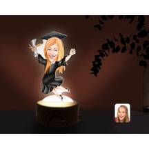 Kişiye Özel Kadın Mezun Karikatürlü Dekoratif 3D Biblo Led Işıklı