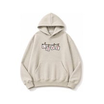 Herkesemoda Love Baskılı Kapüşonlu 2 İplik Şardonlu Sweatshirt Bej