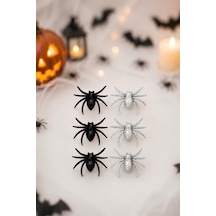 Halloween Cadılar Bayramı 6'lı Simli Örümcek Süs Seti Siyah Ve Gümüş Dekoratif Örümcek 5x6 Cm Tüm Yaşlar