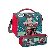 Coral High Gri Nefti Anime Motorsiklet Desenli Erkek Çocuk Isı Yalıtımlı Beslenme Çantası Ve Kalemlik Seti