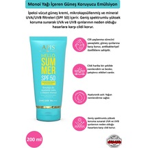 Apis Natural Hello Summer Monoi Yağı İçeren Güneş Koruyucu Emülsiyon SPF50 200 ML