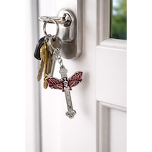 Gotik Kuru Kafa Butterfly Detaylı Metal Anahtarlık Kırmızı Siyah Unisex