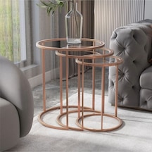 Yuvarlak Camlı Metal Üçlü Zigon Sehpa Bakır