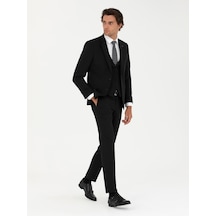 Cacharel Siyah Slim Fit Yün Karışımlı Yelekli Takım Elbise