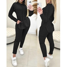 Gülsüm Aydın Kadın Uzun Kollu Kapşonlu Yakadan Bağcıklı Yandan Yırtmaçlı Üst Bluz Alt Tayt Şardonlu Kaşkorse Ikili Takım Siyah