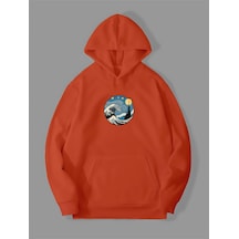Harmandar 3 İplik Yıldızlı Gece Dalga Baskılı Turuncu Kanguru Cepli Kapüşonlu Sweatshirt Hoodie Dalgaturuncusweat