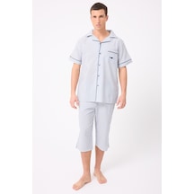 L'espadon Marısılk Seastrıpe Erkek Dokuma Yazlık Kısa Kollu Capri Pantolonlu Pijama & Lounge Takımı-3212 Mavi