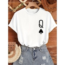 Uyguntarz Unisex Q Maça Kızı Baskılı Tasarım Tshirt Beyaz
