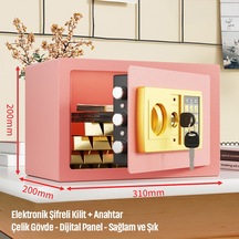 20'lik Elektronik Şifreli Ve Anahtarlı Çelik Para Kasası Dijital Panelli, 31 20 20 Cm Pembe