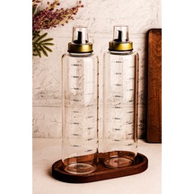 Bottle - 3 Parça Ahşap Standlı Damlatmaz 1 Lt Cam Yağdanlık Borosilikat Yağlık Sirkelik 1000ml SNPBOTTLEGLD3