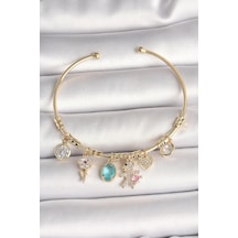 Pirinç Gold Renk Sallantı Zirkon Taşlı Ayıcık Figür Kalp Detay Charm Kadın Bileklik Çok Renkli