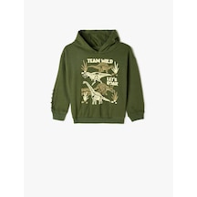 Koton Kapşonlu Sweatshirt Dinozor Aplike Detaylı Ve Baskılı Uzun Kollu Şardonlu Haki 5wmb10198tk Haki