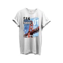 San Francisco California Yazılı Golden Gate Köprüsü Baskılı %100 Pamuk Regular Fit Unisex T-shirt Beyaz