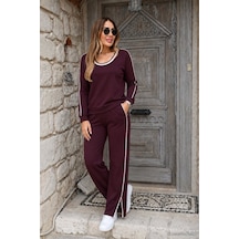 Tammy Kadın Uzun Kollu Yuvarlak Yakalı Şerit Detaylı Viskon İki İplik Bluz Ve Yırtmaçlı Pantolon İkili Takım Bordo