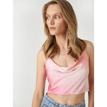 Koton Saten Crop Abiye Bluz Askılı Degaje Yaka Renk Geçişli Pembe Desenli 2sak60042fw 2SAK60042FW2D5