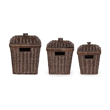 Pbt-919-1 3lü Hasır Sepet Kapaklı Bambu Sepet Seti Dekoratif Banyo Mutfak Düzenleyici Patates Soğan Sepeti Organize Genel