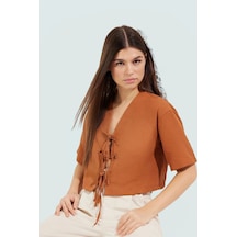 Ersefa Önden Bağcıklı Crop Bluz V Yaka Dokuma Terrycotton Kumaş Rahat Gü Kahverengi