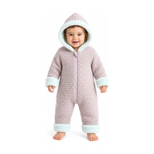 Tatlı Unisex Bebek Örgü Triko Tulum Welsoft Peluş Manşetli Kapüşonlu Fermuarlı Kışlık Bebek Kozmonot Tulumu Lila