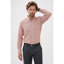 Tudors Erkek Regular Fit Klasik Kesim Oversize Pamuklu Keten Doku Düğmeli Yaka Kahverengi Gömlek-42586