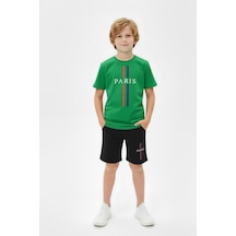 Panios Kids Yuvarlak Yakalı Yazlık Paris Baskı Detaylı Kaprili Erkek Çocuk Alt Üst Takım Yeşil