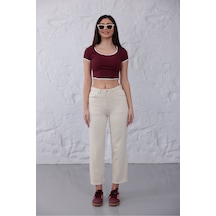 Eseclass Premium Krem Straight Denim Kesik Paça Jean Pantolon Krem Krem