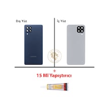 Samsung Galaxy M33 Mavi Renk Lensli Arka Kapak + B7000 Yapıştırıcı Arka Cam Batarya Kapağı Pil Kapağı Lazer Kesim Back Cover Galaxy M33 Uyumlu