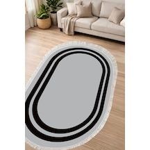 Dijital Baskılı Oval Salon Halısı Kaymaz Yıkanabilir Deri Taban Saçaklı Geometrik 1696 Gri - Siyah
