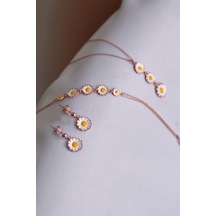 Papatya Silver 925 Ayar Gümüş Rose Kaplama Mineli Papatya Küpe Kolye Bileklik Set
