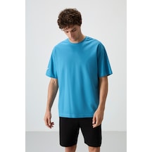 Air Jones Tommy Life Petrol Mavi Pamuklu Kalın Yüzeyi Dokulu Oversize Fit Baskılı Erkek T-shirt - 88369 Petrol Mavi