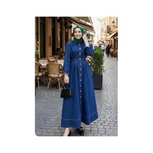Hb Harma Time Butik Kadın Beli Büzgülü Düğmeli Koyu Kot Mavi Elbise Koyu Mavi Koyu Mavi