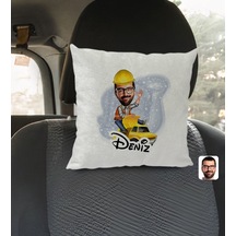 Bk Gift Kişiye Özel İsimli Erkek Yol Mühendisi Karikatürlü Kare Araç Koltuk Yastığı-1 Çok Renkli