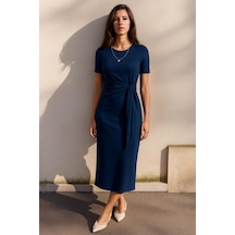 Kısa Kollu Fiyonk Bağlama Detaylı Modal Elbise Lacivert