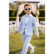Baby Kids Colors Erkek Çocuk Flamlı Keten Salaş Ceketli Takım Elbise / Gömlek Pantolon Ceket Papyon Keten Takım Mavi