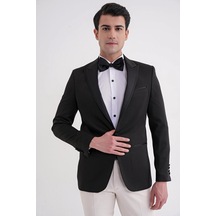 Black 035 Slim Fit Saten Yaka Çift Yırtmaçlı Tek Düğmeli Siyah Damatlık Smokin Ceket Siyah