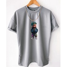 Flood Of Style Erkek Gri Rapçı Oversize Bisiklet Yaka Tshirt