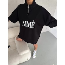 Unisex Günlük Stil Yarım Fermuar Detaylı Siyah Dik Yaka Pamuklu T