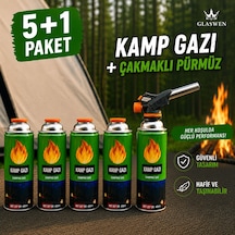 5+1 Çakmaklı Pürmüz Yedek Kartuşu Kamp Gazı 400 Ml Piknik Kamp Mangal Mutfak Ateş Tutuşturucu Yeşil