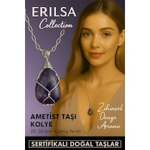 Sertifikalı Gümüş Tel Sargılı Doğal Koyu Ametist Taşı Kolye 30-35 Mm Huzur Ve Sezgi Taşı Renkli