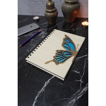 Kelebek Desenli Ahşap Kapaklı Defter - Ajanda - Günlük - Çizgisiz Defter - A5 Notebook
